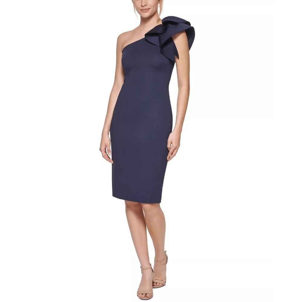 Eliza J Navy One-Shoulder Ruffle Midi Dress